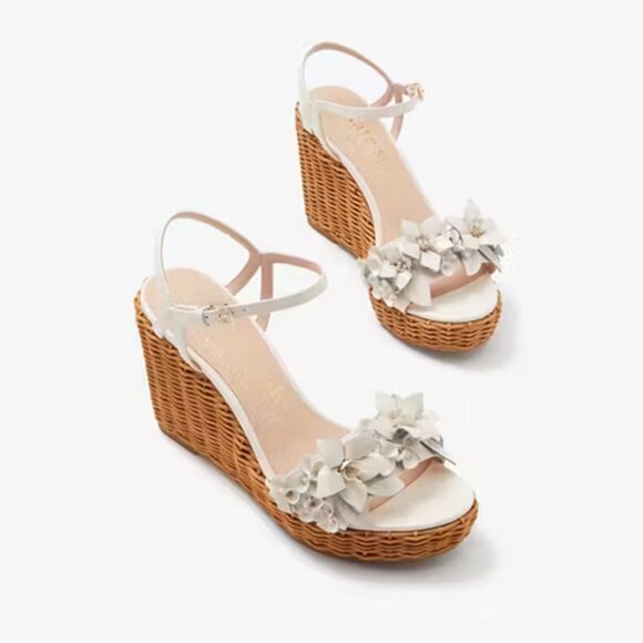 🌸 Kate Spade Fiori Wicker Platform Sandals | Pink Patent Leather Floral Size 8 - Picture 4 of 14